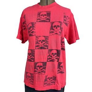 Vintage‎ Y2K Skull Mens (M) Checkerboard Graphic T-Shirt TENNESSEE RIVER_Flaws